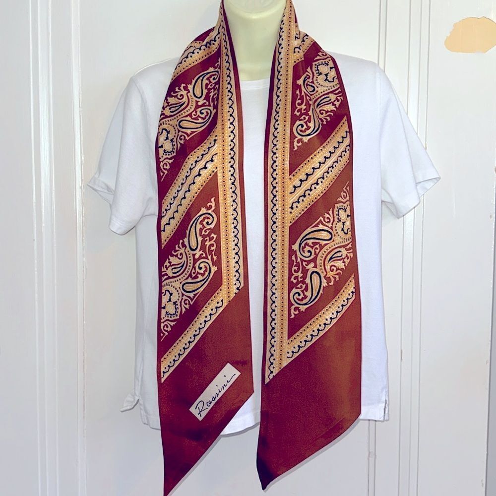 Vtg mid century Rossini paisley amber, gold, black & white long polyester scarf